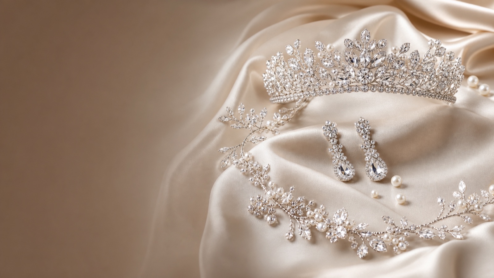 Crystal bridal tiara, hair vine and earrings arranged on ivory silk