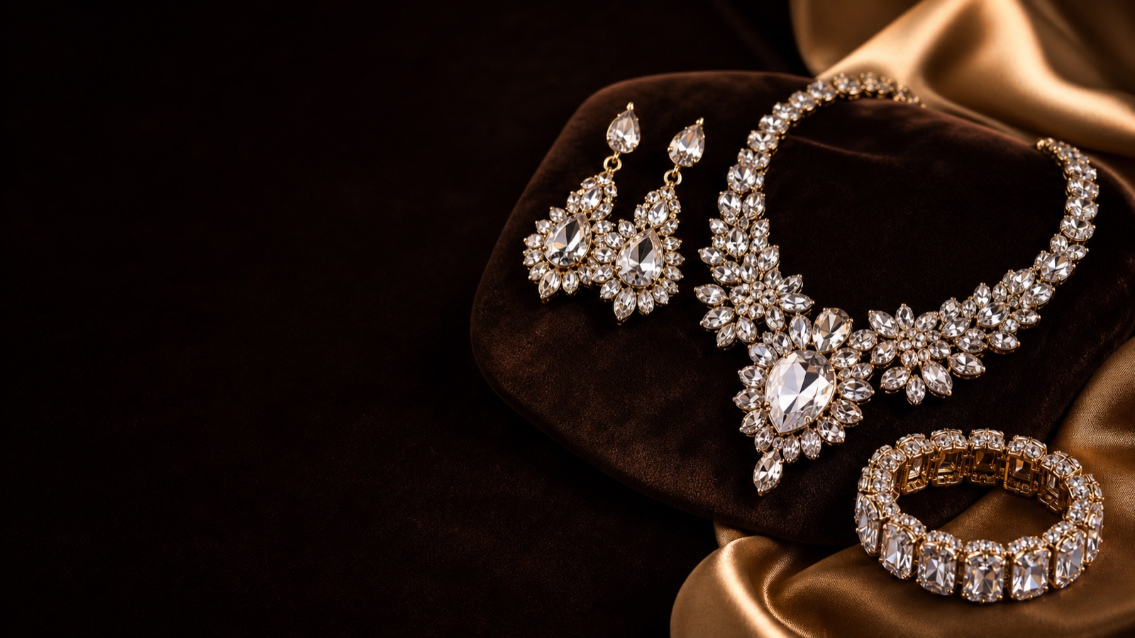 Rhinestone necklace, earrings and bracelet arranged on dark velvet and champagne satin