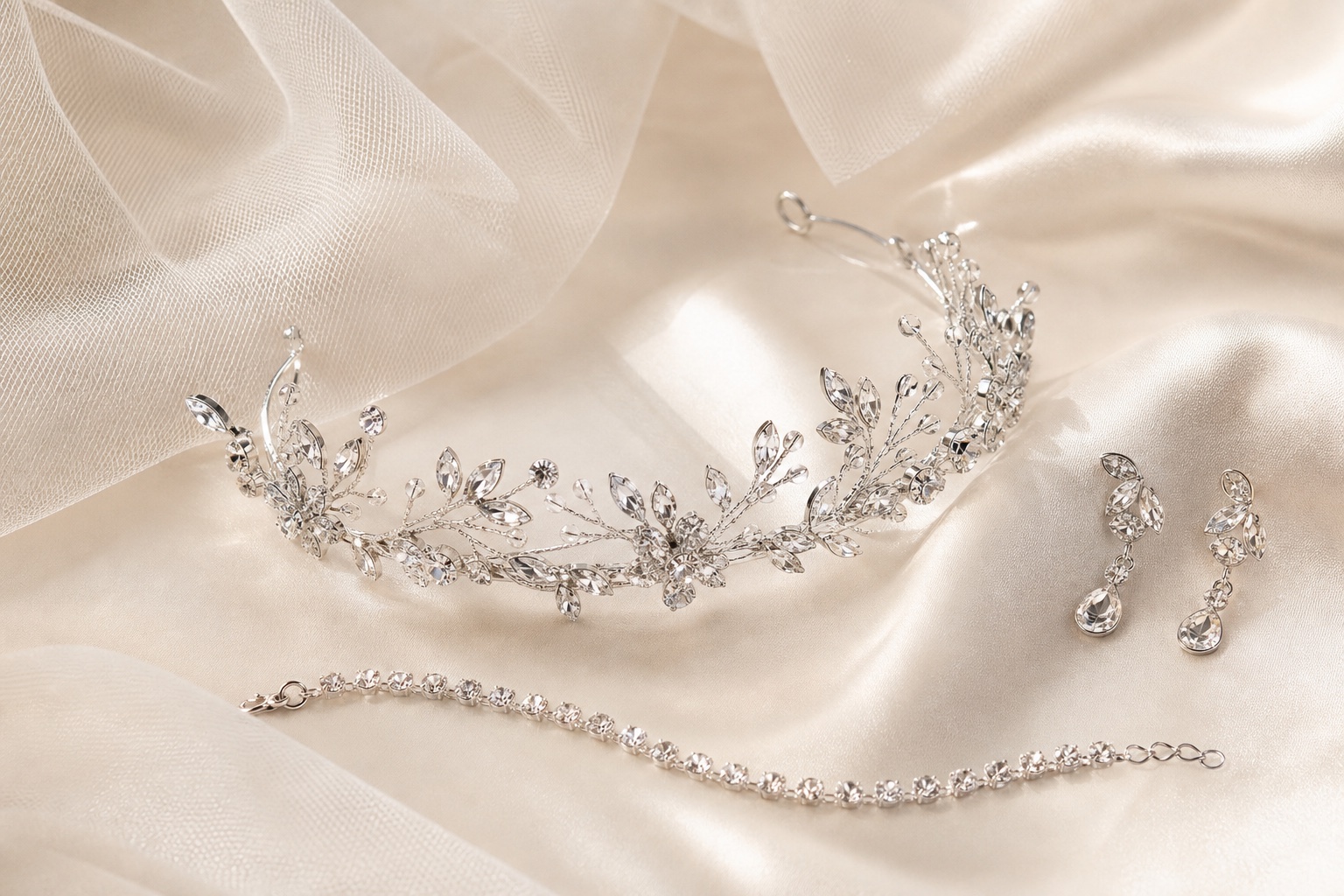 Representative crystal bridal hairpiece, earrings and bracelet arranged on ivory satin
