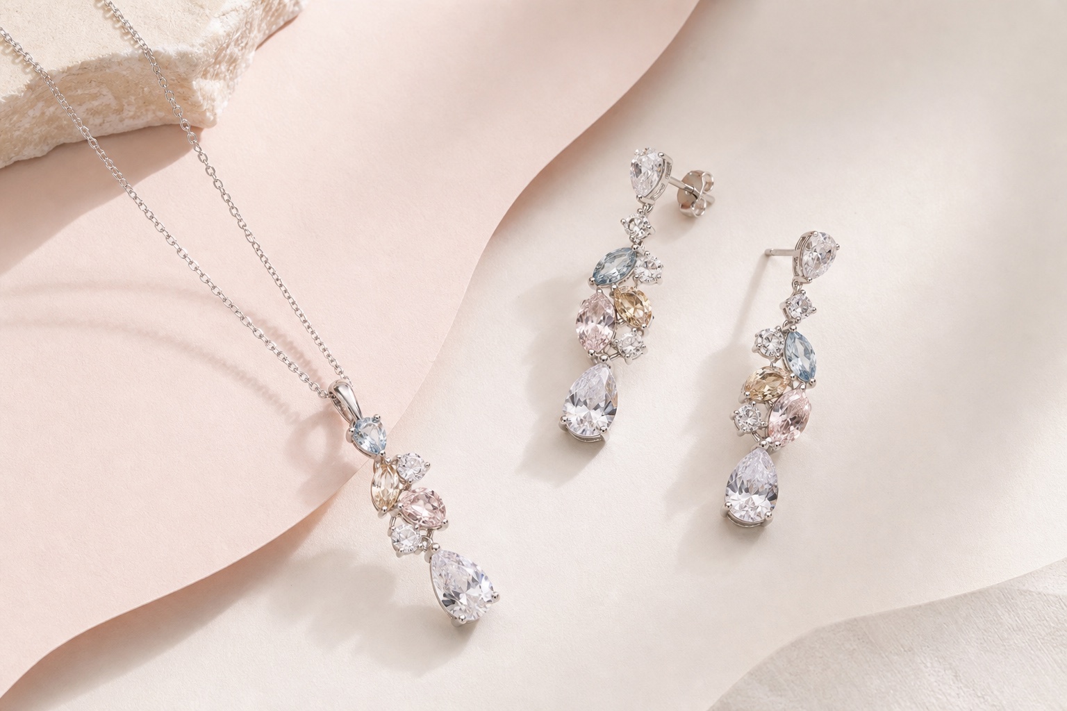 Representative pastel cubic zirconia earrings and pendant collection on a blush studio surface