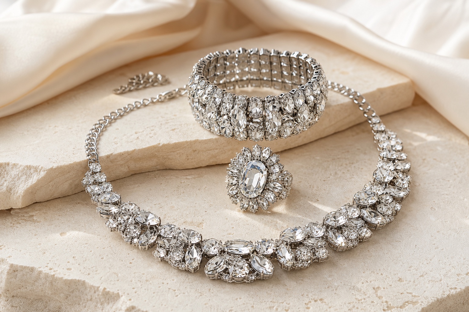 Representative rhinestone necklace, bracelet and ring collection on an ivory studio surface