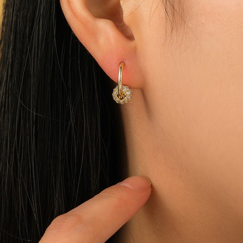 Cubic Zirconia Silver Earrings Round Dangle Hoops&Loops 14K Gold Plated