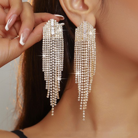 Glamorous rhinestone Exaggerated women's tassel earrings Exaggerated design rhinestone earrings-Custom plating color
