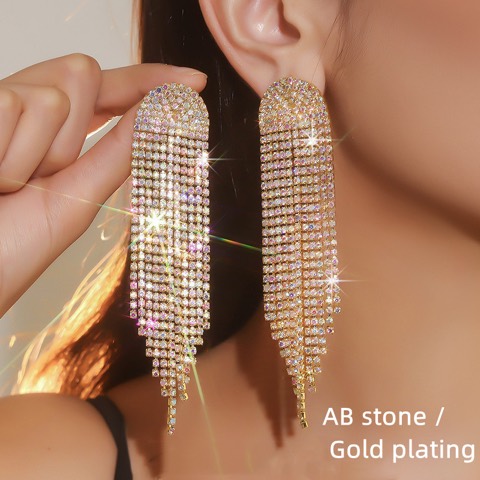 Full rhinestone Exaggerated women's tassel earrings Exaggerated design rhinestone earrings-Custom plating color