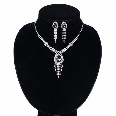 #Bride necklace earring set rhinestone tassel jewelry wholesale-Custom stone colors