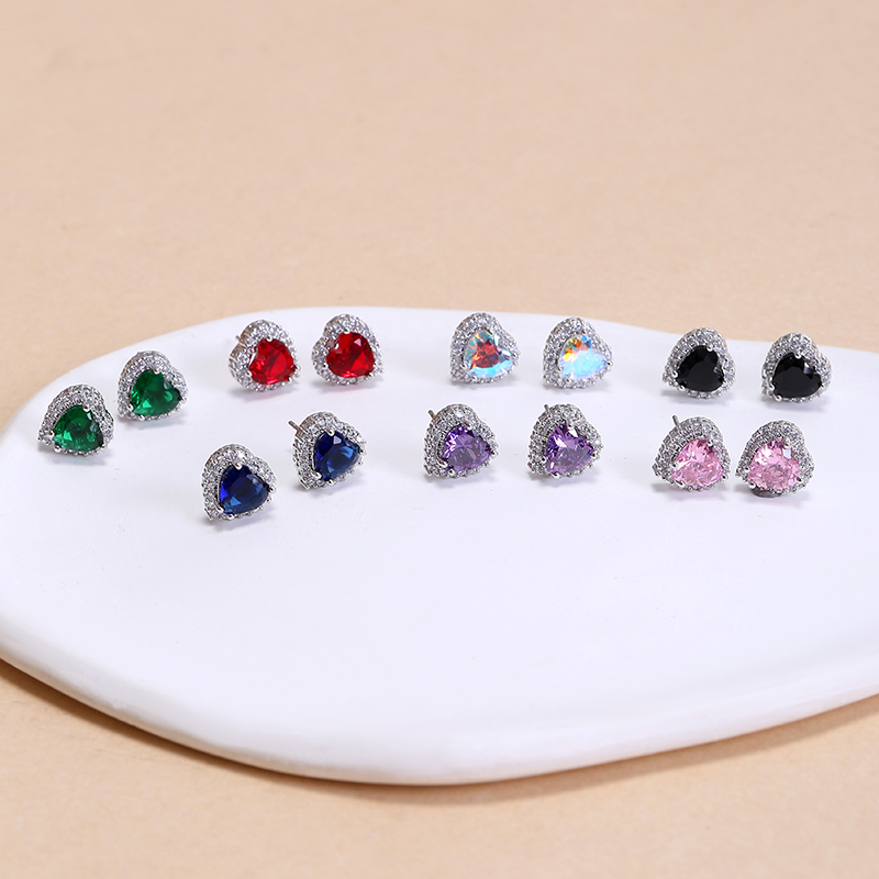 Tiny heart shape cubic zirconia stud earrings, Custom stone colors