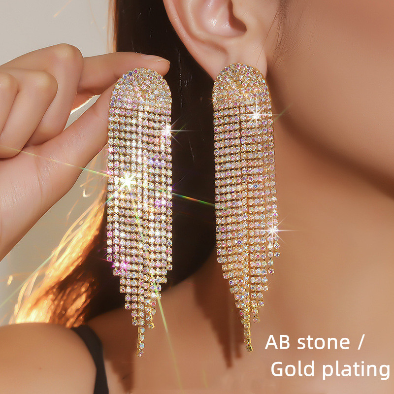 Full rhinestone Exaggerated women's tassel earrings Exaggerated design rhinestone earrings-Custom plating color