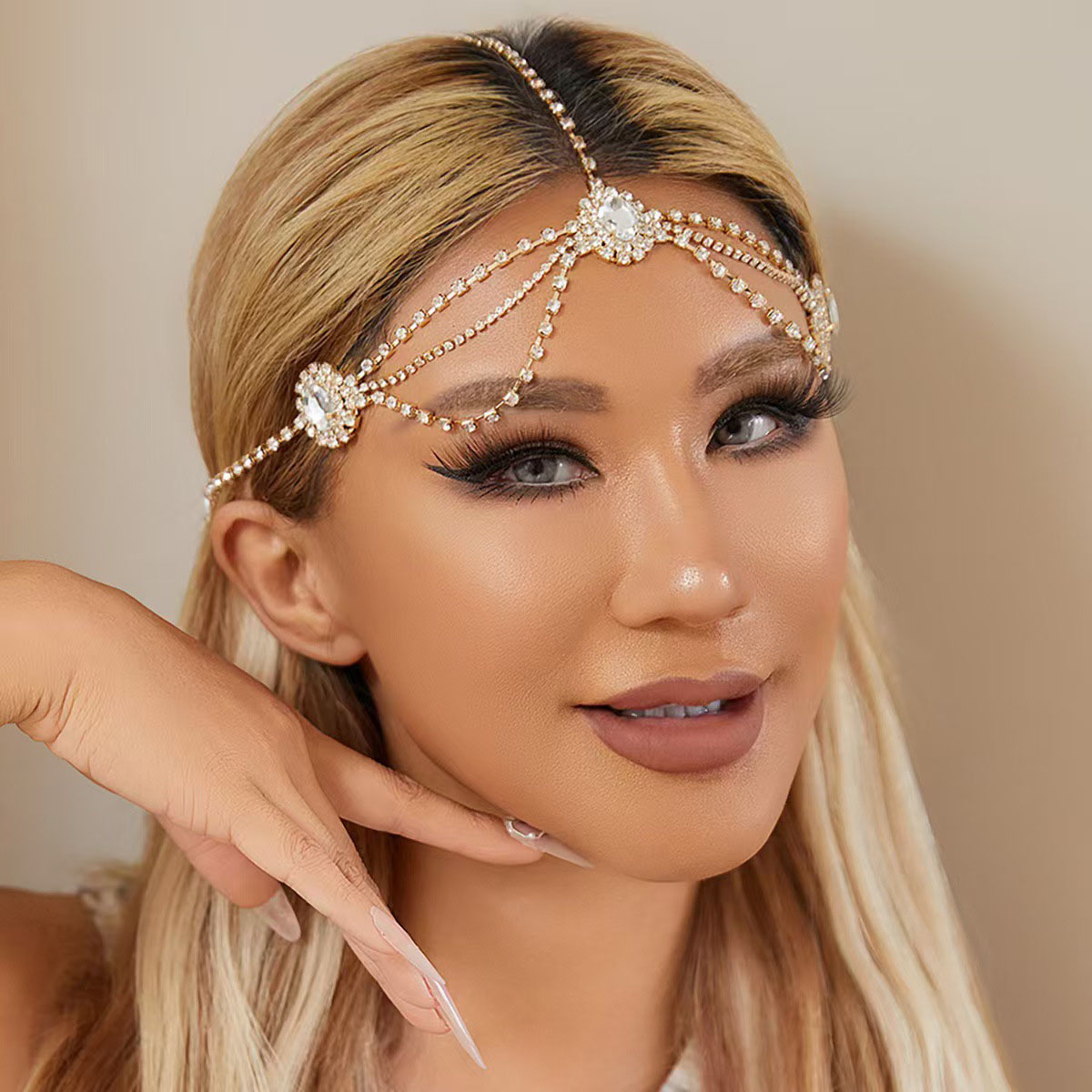 #Bride's rhinestone multi-layer tassel hair chain, dance party hair accessory, Custom stone colors — photo 3